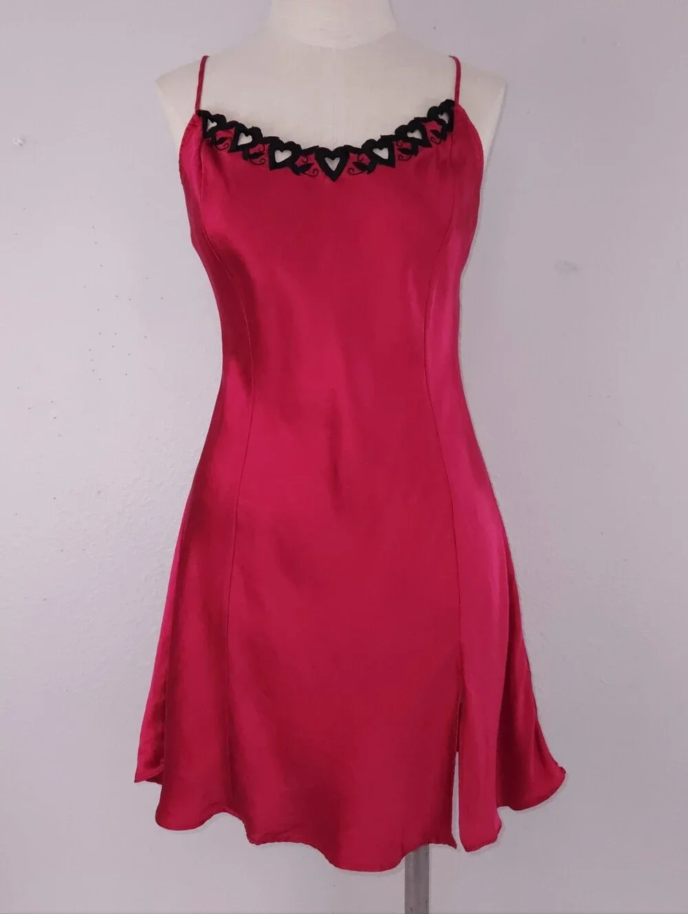 Vintage Victoria's Secret Silk Mini Slip Dress LARGE Red Black Hearts 90s